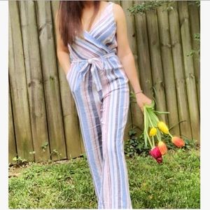 Indigo Rein Tie-Waisted Striped Jumpsuit